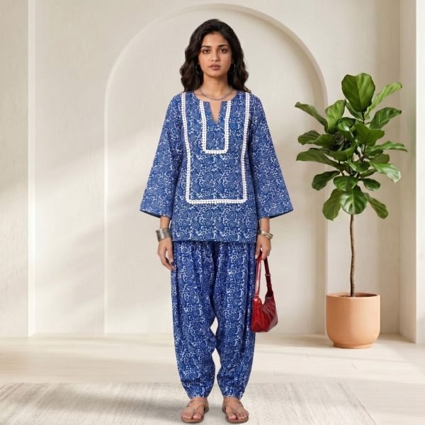 Dazzling Blue Designer Cotton Co-Ord Set with Farshi Bottom and Modern Look CO ORD Sets