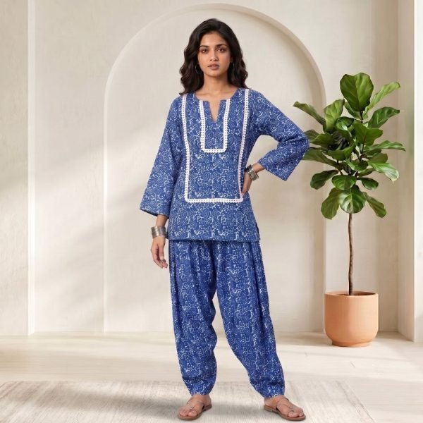 Dazzling Blue Designer Cotton Co-Ord Set with Farshi Bottom and Modern Look CO ORD Sets