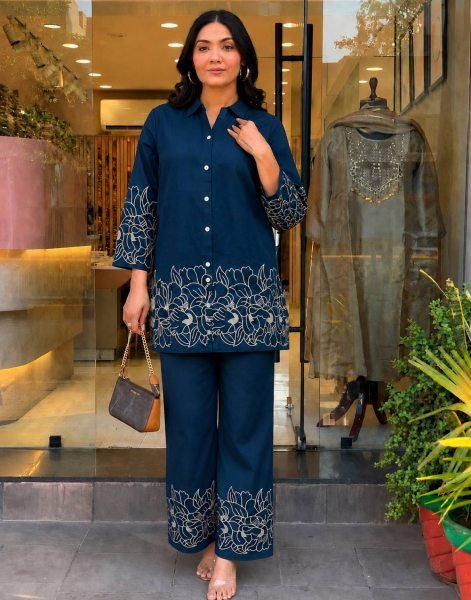 Dazzling Blue Designer Heavy Rayon Top Palazzo Set with Elegant Embroidery Work CO ORD Sets