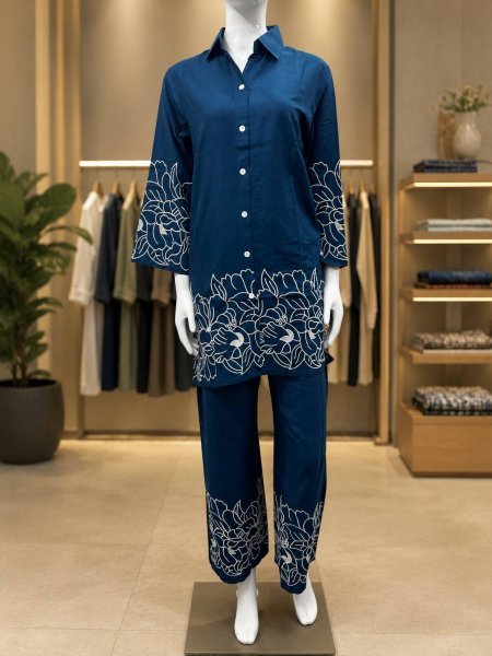 Dazzling Blue Designer Heavy Rayon Top Palazzo Set with Elegant Embroidery Work CO ORD Sets