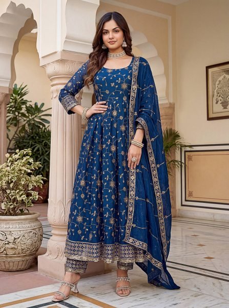 Dazzling Blue Fashionable Gown Set with Premium Fabric and Finish Ready To Wear Collection