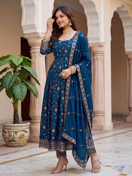 Dazzling Blue Fashionable Gown Set with Premium Fabric and Finish Ready To Wear Collection