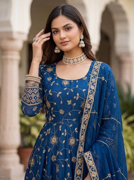 Dazzling Blue Fashionable Gown Set with Premium Fabric and Finish Ready To Wear Collection