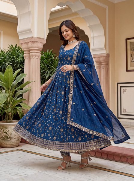 Dazzling Blue Fashionable Gown Set with Premium Fabric and Finish Ready To Wear Collection