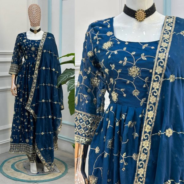 Dazzling Blue Fashionable Gown Set with Premium Fabric and Finish Ready To Wear Collection