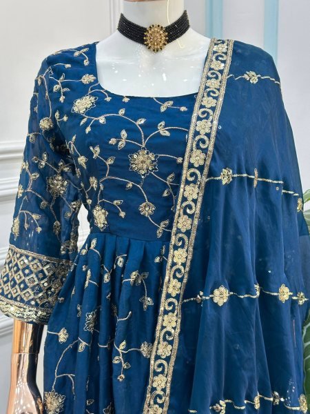 Dazzling Blue Fashionable Gown Set with Premium Fabric and Finish Ready To Wear Collection