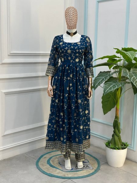 Dazzling Blue Fashionable Gown Set with Premium Fabric and Finish Ready To Wear Collection