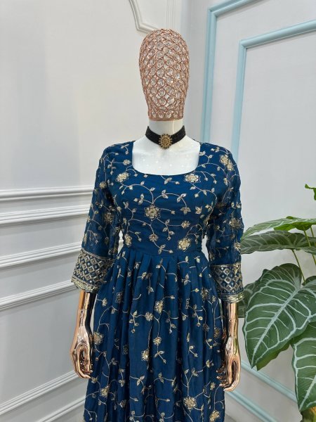 Dazzling Blue Fashionable Gown Set with Premium Fabric and Finish Ready To Wear Collection