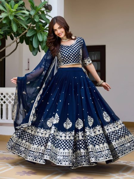 Dazzling Blue Fox Georgette Wedding Lehenga with Heavy Embroidered Dupatta  Lehenga