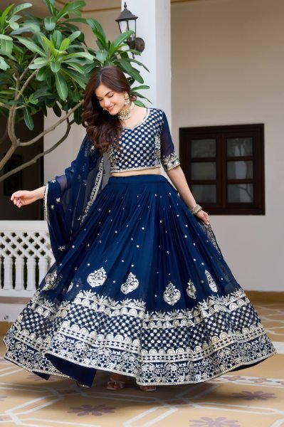 Dazzling Blue Fox Georgette Wedding Lehenga with Heavy Embroidered Dupatta Designer Lehenga Choli