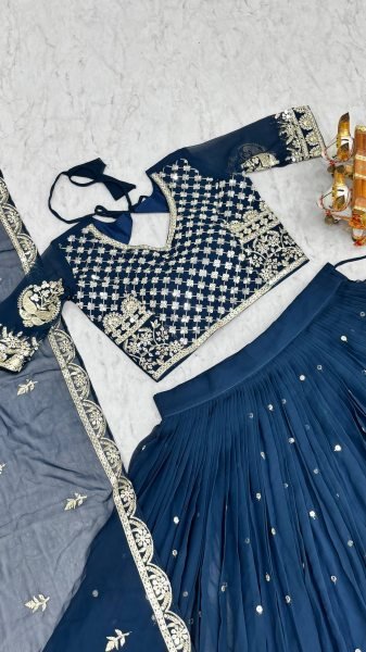 Dazzling Blue Fox Georgette Wedding Lehenga with Heavy Embroidered Dupatta Designer Lehenga Choli
