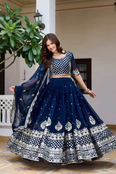 Dazzling Blue Fox Georgette Wedding Lehenga with Heavy Embroidered Dupatta Designer Lehenga Choli