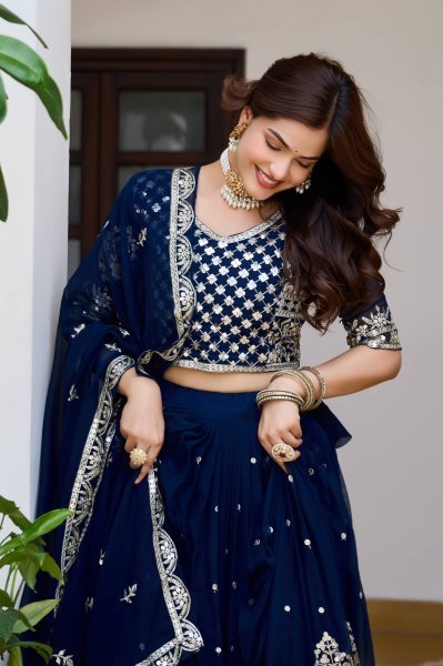 Dazzling Blue Fox Georgette Wedding Lehenga with Heavy Embroidered Dupatta Designer Lehenga Choli