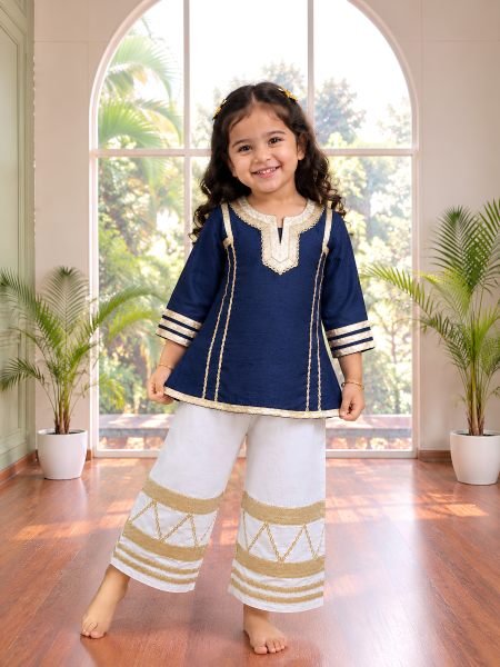 Dazzling Blue Girls Cotton Blend Palazzo Set with Gota Lace Work at Manufacturer  Kurtis
