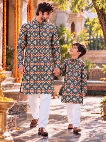 Dazzling Blue Kids and Men Father Son Twinning Kurta Set at Wholesale Rate 
