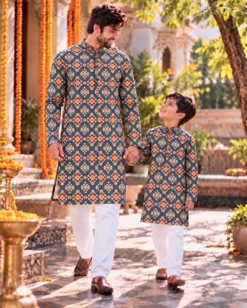 Dazzling Blue Kids and Men Father Son Twinning Kurta Set at Wholesale Rate Father Son Collection 