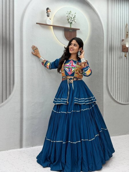 Dazzling Blue Navratri Gamthi Work Cotton Lehenga Choli with Designer Koti For Garba  Lehenga