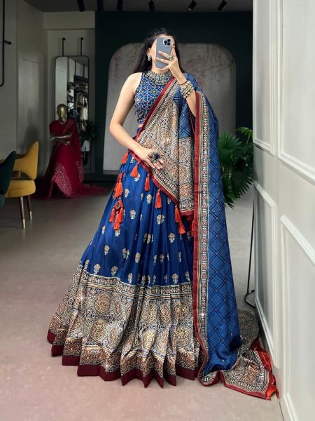 Dazzling Blue Navratri Special Tasar Silk Lehenga Choli with Mirror Work for Weddig  Lehenga
