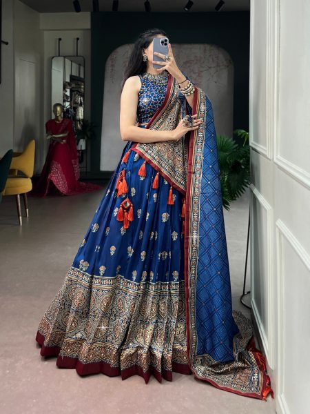 Dazzling Blue Navratri Special Tasar Silk Lehenga Choli with Mirror Work for Weddig Navratri Lehnega Choli