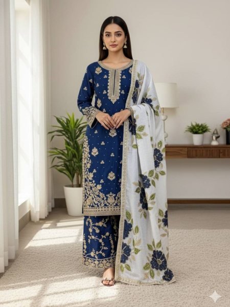 Dazzling  Blue Ready to Wear Silk With Heavy Embroidery  Plazzo Suit with Dupatta for Wedding Wear  Embroidery Kurtis 