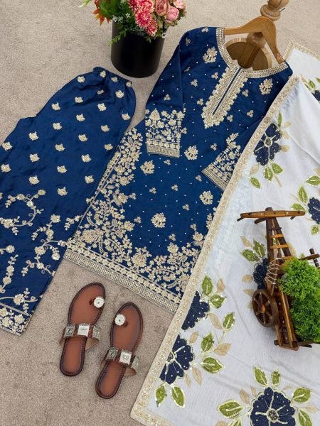 Dazzling  Blue Ready to Wear Silk With Heavy Embroidery  Plazzo Suit with Dupatta for Wedding Wear  Embroidery Kurtis 