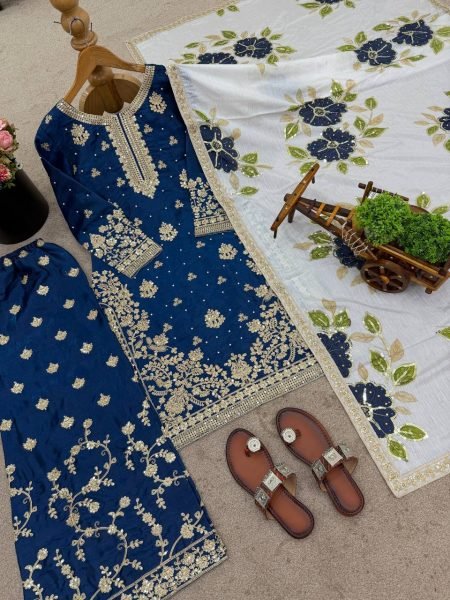 Dazzling  Blue Ready to Wear Silk With Heavy Embroidery  Plazzo Suit with Dupatta for Wedding Wear  Embroidery Kurtis 