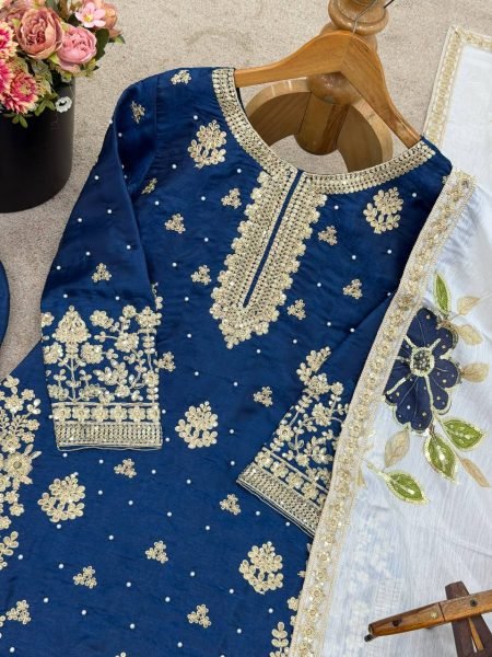 Dazzling  Blue Ready to Wear Silk With Heavy Embroidery  Plazzo Suit with Dupatta for Wedding Wear  Embroidery Kurtis 