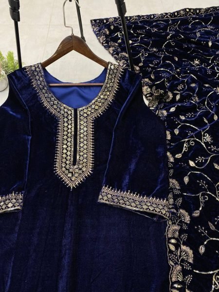 Dazzling Blue Velvet Suit Set With Free-Size Pant & 3-Piece Velvet Dupatta for Special Occasions  Straight Cut Long Kurtis