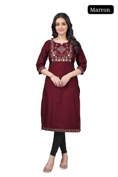 Dazzling Brown Cotton Embroidered Kurti Top for Women Casual Wear Embroidery Kurtis 