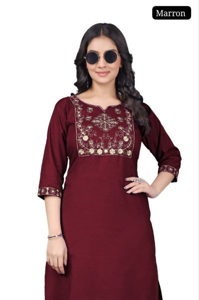Dazzling Brown Cotton Embroidered Kurti Top for Women Casual Wear Embroidery Kurtis 