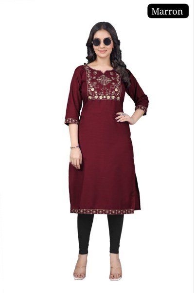 Dazzling Brown Cotton Embroidered Kurti Top for Women Casual Wear Embroidery Kurtis 