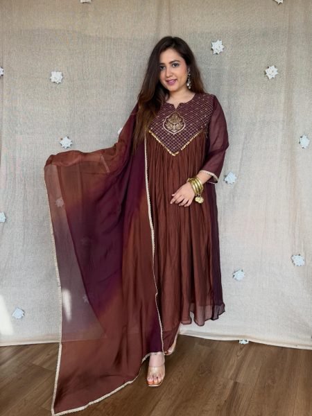 Dazzling Brown Pure Mal Chanderi Anarkali Kurta Pant Dupatta Set with Bracelet Anarkali Kurtis 