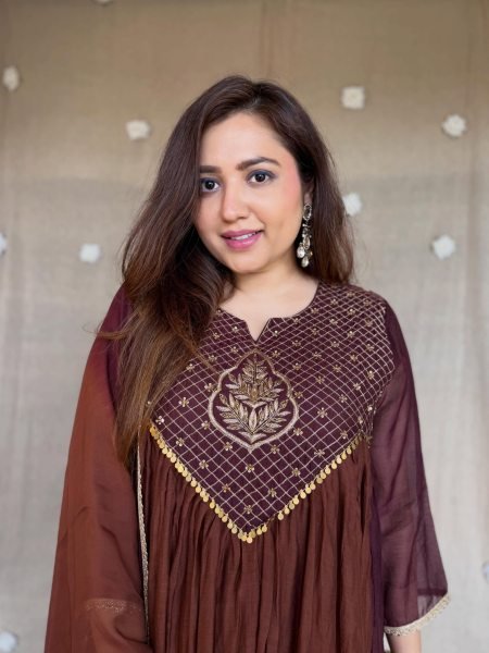 Dazzling Brown Pure Mal Chanderi Anarkali Kurta Pant Dupatta Set with Bracelet Anarkali Kurtis 