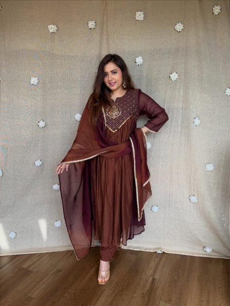 Dazzling Brown Pure Mal Chanderi Anarkali Kurta Pant Dupatta Set with Bracelet Anarkali Kurtis 