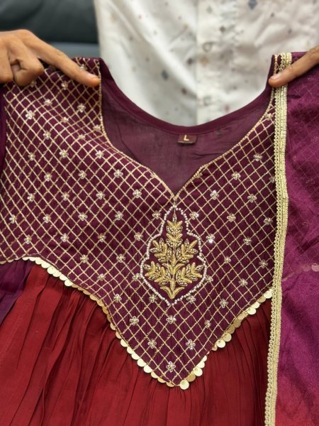 Dazzling Brown Pure Mal Chanderi Anarkali Kurta Pant Dupatta Set with Bracelet Anarkali Kurtis 