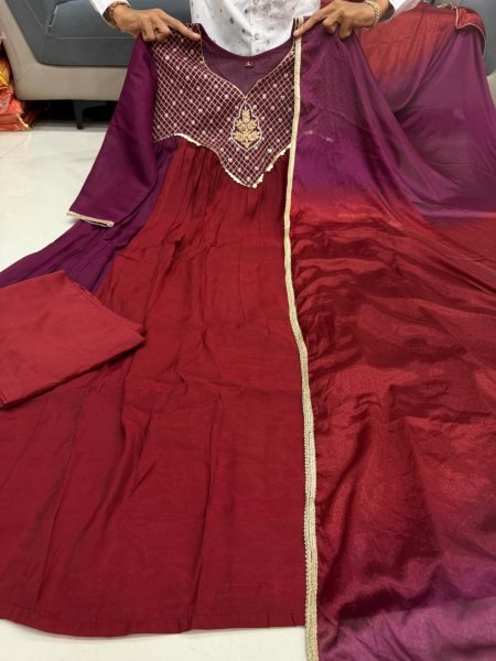 Dazzling Brown Pure Mal Chanderi Anarkali Kurta Pant Dupatta Set with Bracelet Anarkali Kurtis 