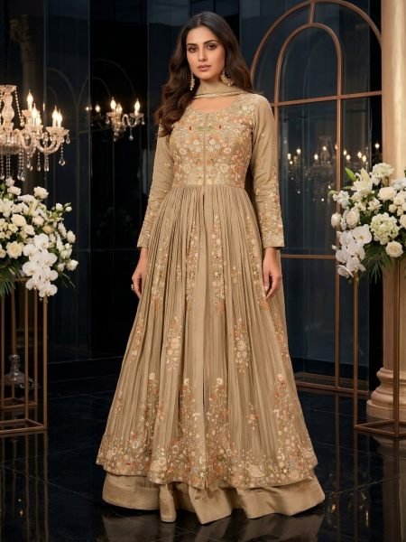 Dazzling Cream Chinon Silk Long Top Skirt Dupatta Set with Full Embroidery Work For Wedding Salwar Kameez