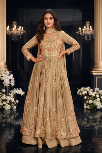 Dazzling Cream Chinon Silk Long Top Skirt Dupatta Set with Full Embroidery Work For Wedding Anarakali Gown Wholesale