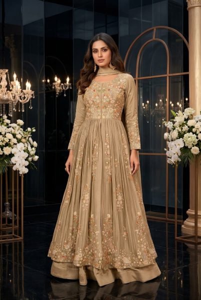 Dazzling Cream Chinon Silk Long Top Skirt Dupatta Set with Full Embroidery Work For Wedding Anarakali Gown Wholesale