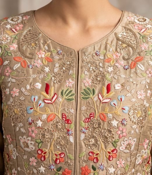 Dazzling Cream Chinon Silk Long Top Skirt Dupatta Set with Full Embroidery Work For Wedding Anarakali Gown Wholesale