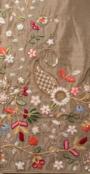 Dazzling Cream Chinon Silk Long Top Skirt Dupatta Set with Full Embroidery Work For Wedding Anarakali Gown Wholesale