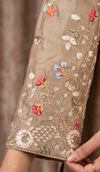 Dazzling Cream Chinon Silk Long Top Skirt Dupatta Set with Full Embroidery Work For Wedding Anarakali Gown Wholesale