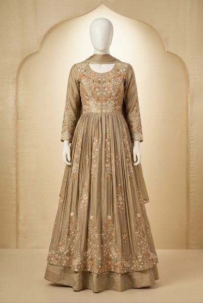 Dazzling Cream Chinon Silk Long Top Skirt Dupatta Set with Full Embroidery Work For Wedding Anarakali Gown Wholesale