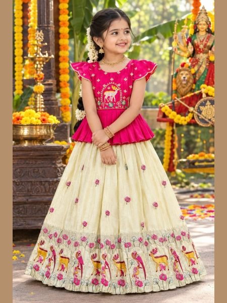 Dazzling Cream Designer Girls Peplum Lehenga with Kat-Dana and Moti Work Kurtis