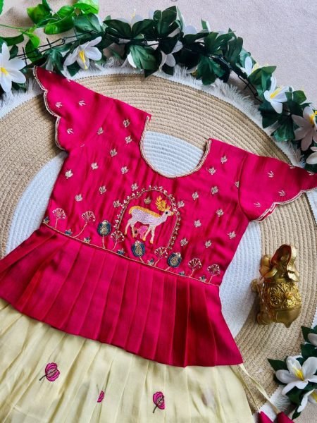 Dazzling Cream Designer Girls Peplum Lehenga with Kat-Dana and Moti Work Girls Wear