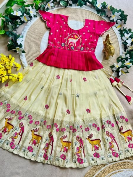 Dazzling Cream Designer Girls Peplum Lehenga with Kat-Dana and Moti Work Girls Wear