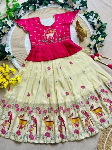 Dazzling Cream Designer Girls Peplum Lehenga with Kat-Dana and Moti Work Girls Wear