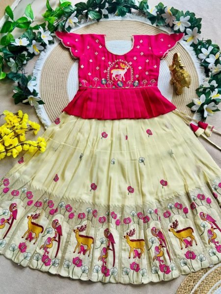 Dazzling Cream Designer Girls Peplum Lehenga with Kat-Dana and Moti Work Girls Wear