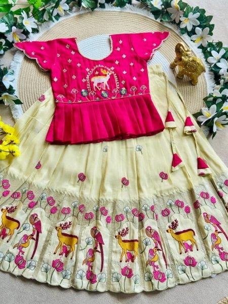 Dazzling Cream Designer Girls Peplum Lehenga with Kat-Dana and Moti Work Girls Wear