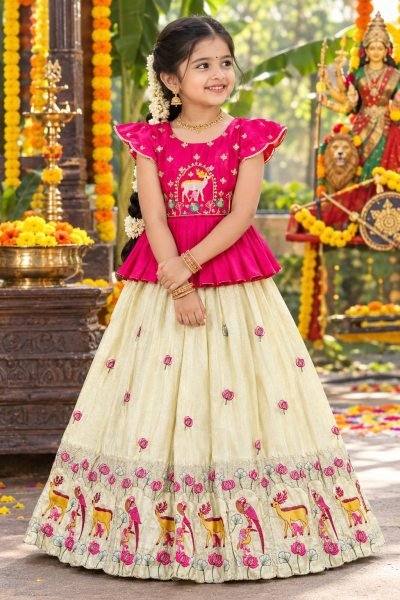 Dazzling Cream Designer Girls Peplum Lehenga with Kat-Dana and Moti Work Girls Wear